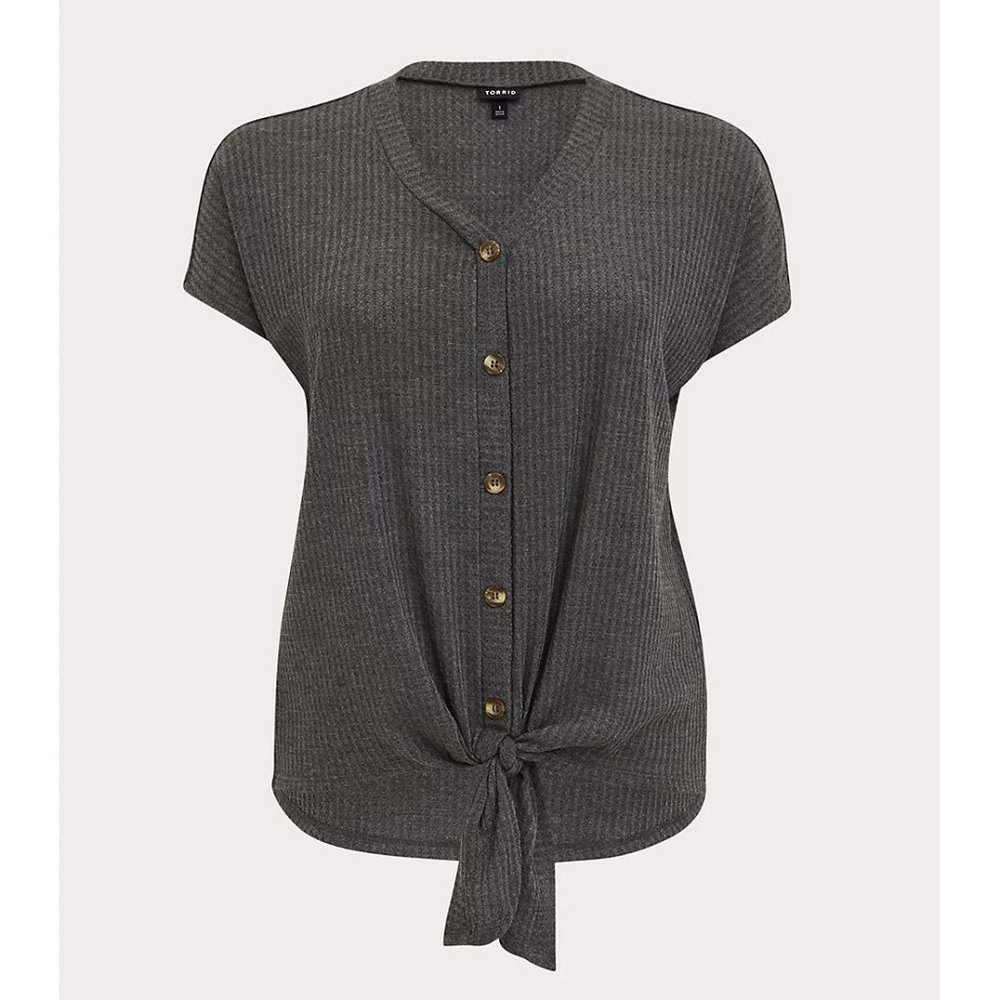 NWT Womens Size Large or 12 Torrid Gray Waffle Knit Button Down Tie-Front Top
